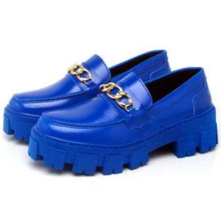 Sapato Mocassim Dubuy Oxford Feminino Azul Still Correntes Douradas 1413FG