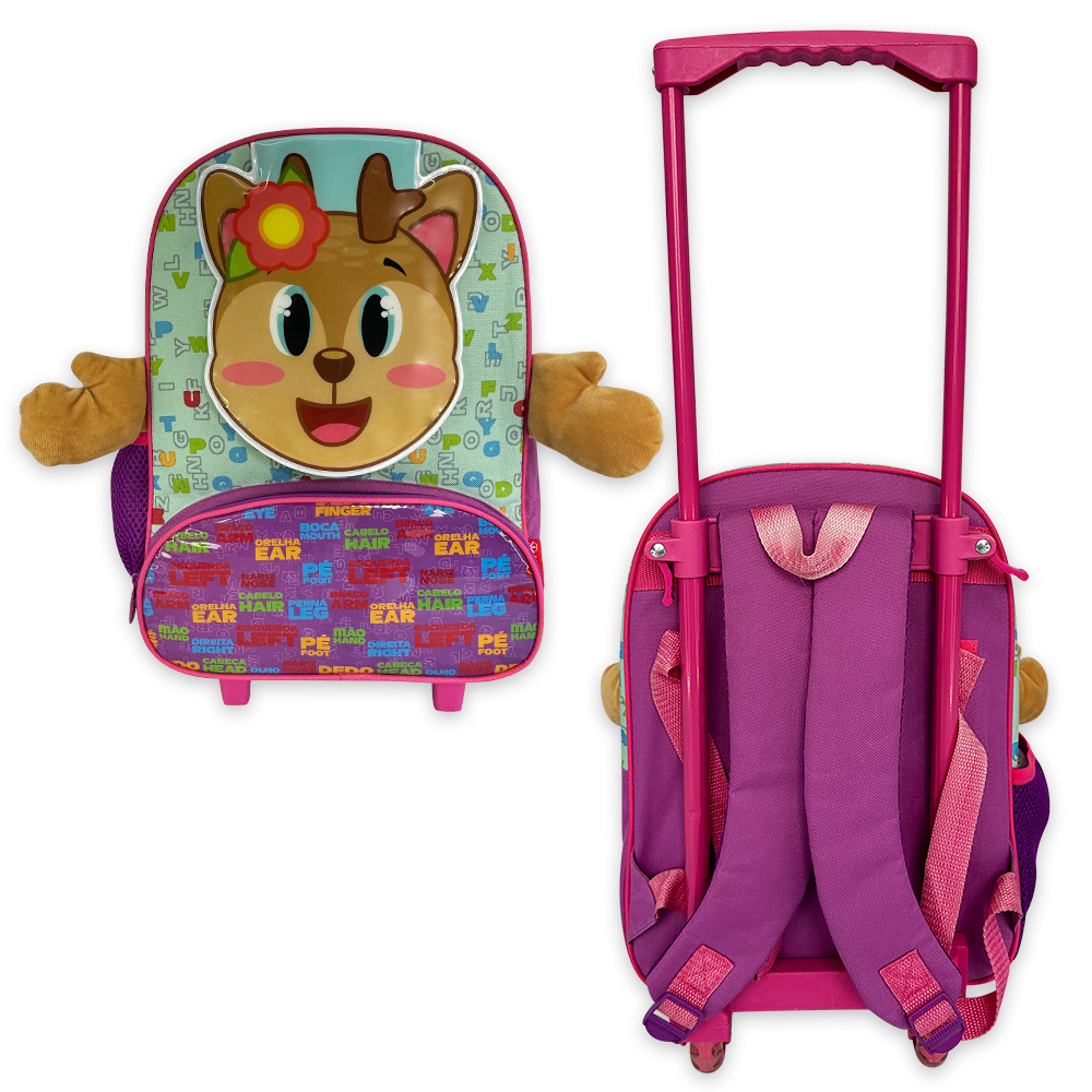 Mochila Escolar Infantil 2 em 1 com Rodinhas Alça para Carregar nas Costas com 4 Bolso e Detalhe em 3D Bichinhos Barbie Rosa