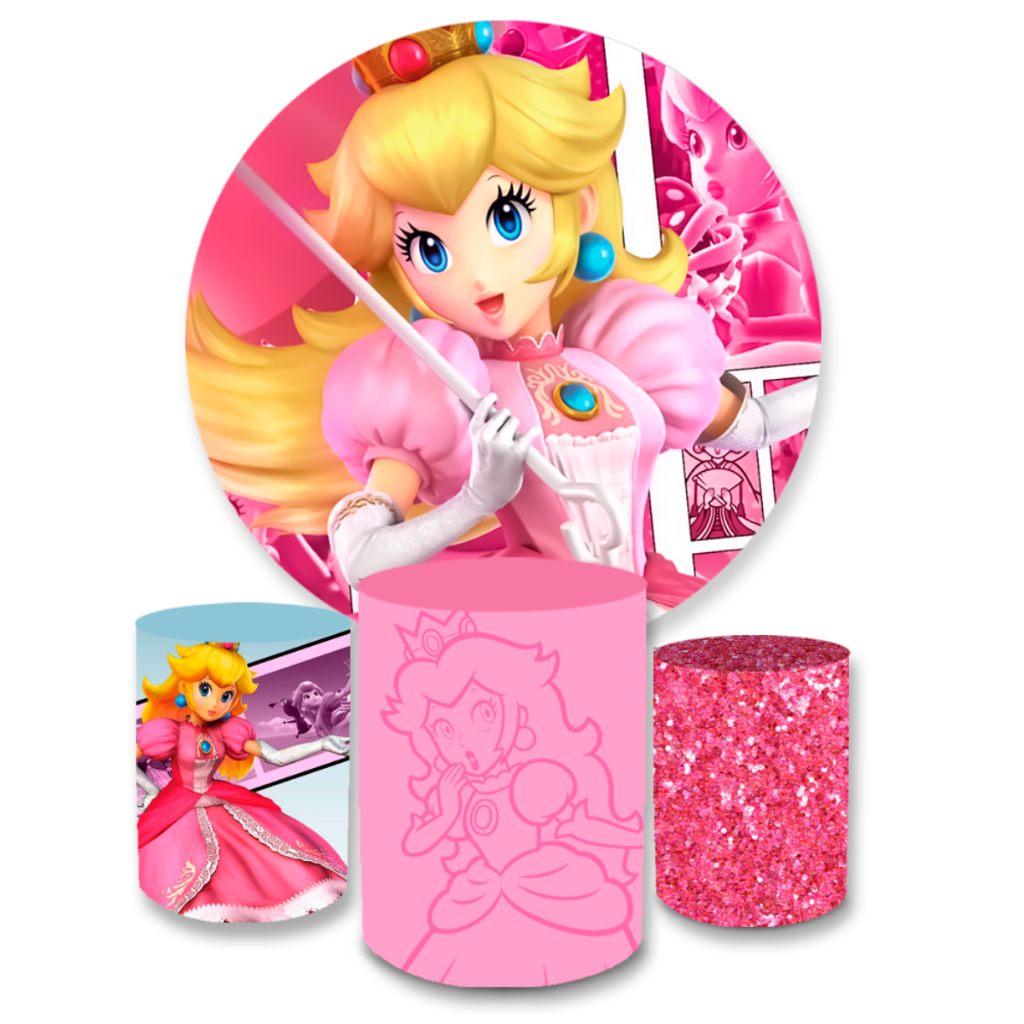 Kit Painel de Festa Decorativo Sublimado + Trio Capa Cilindro Veste Fácil Princesa Peach em Oferta na Shopee