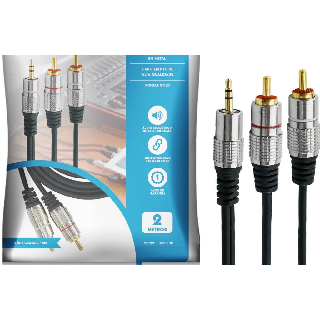 Novo Cabo De Audio P2 2 RCA Nickel Fitz 2mts 018-0702 Preto - Santana Top em Oferta na Shopee
