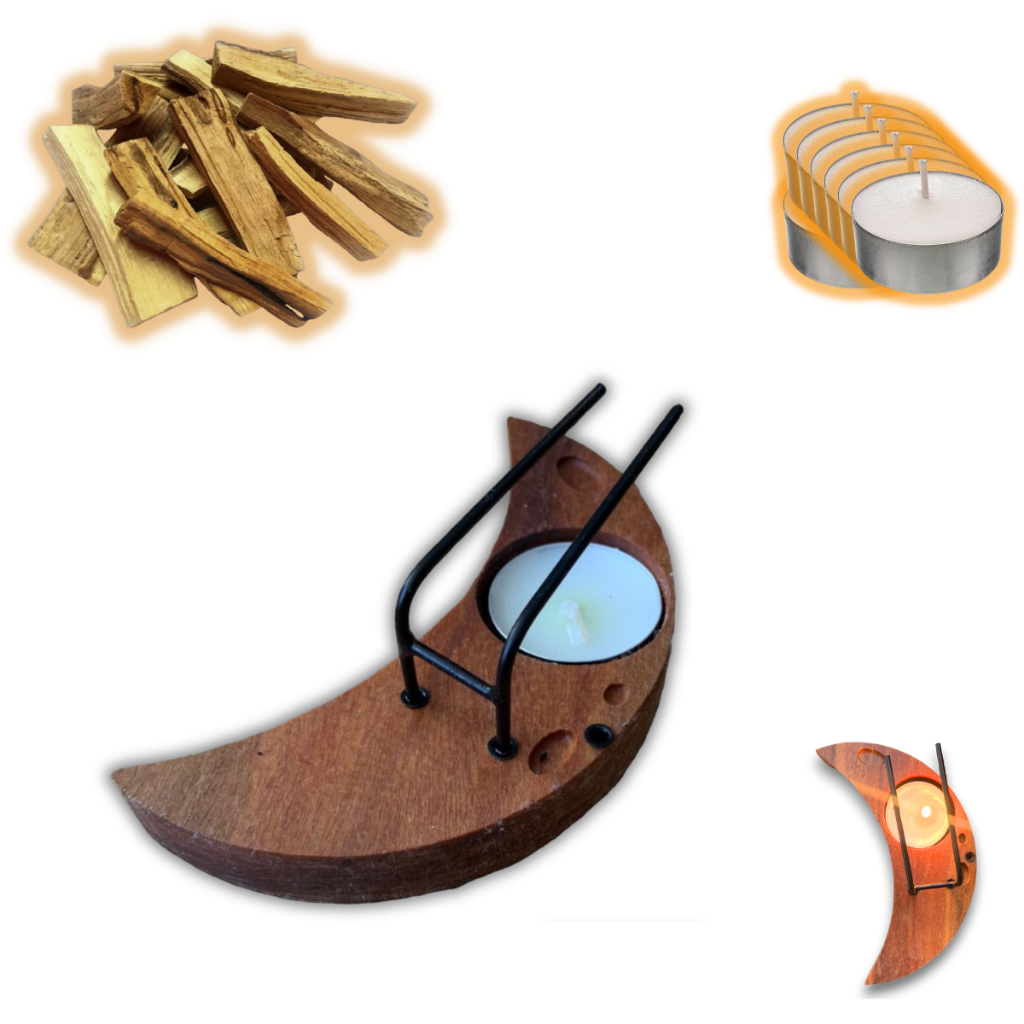 Incensário Palo Santo modelo Meia Lua - Queimador Meia Lua + 1 Vela e 1 Lasca de PALO SANTO