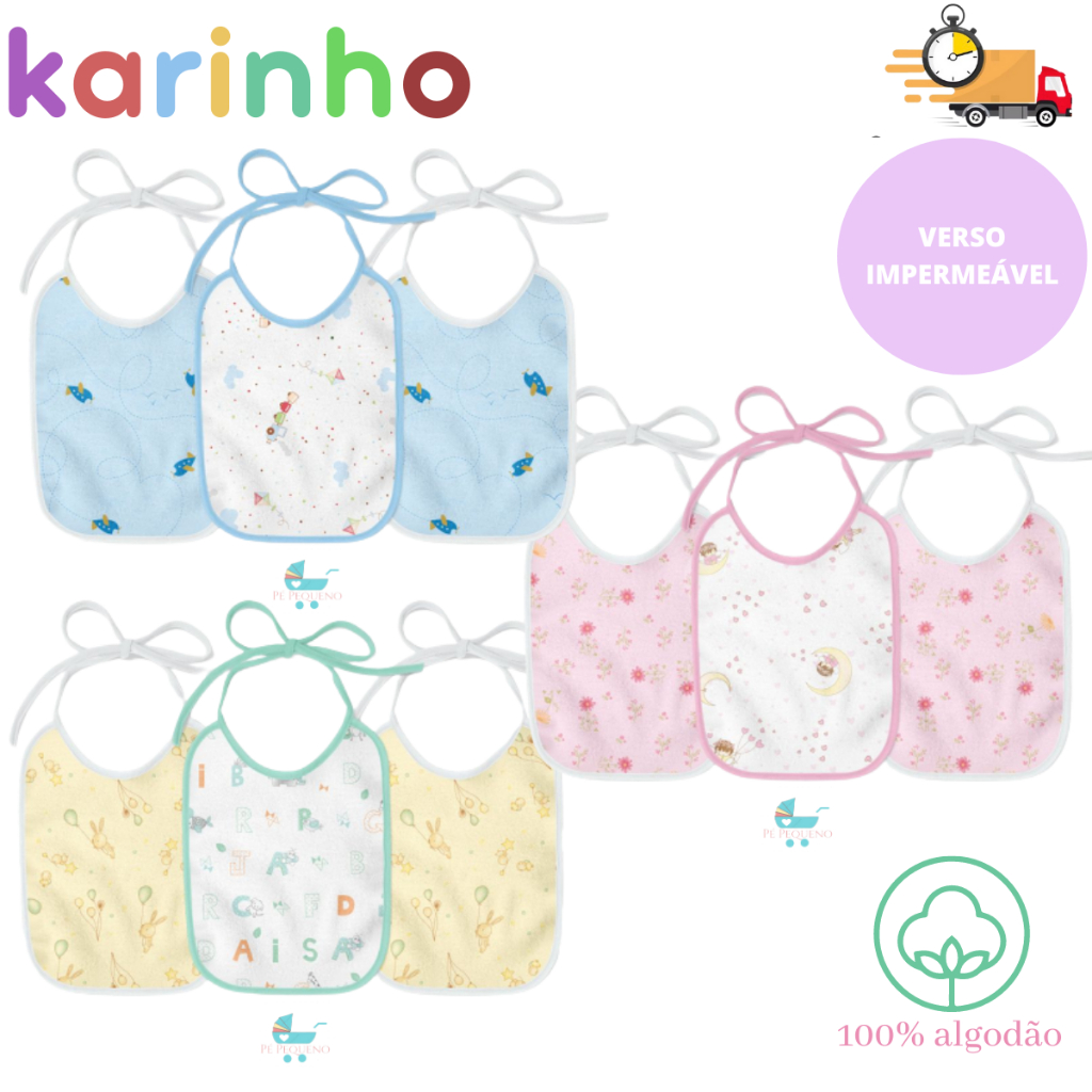Kit 3 Unidades Babador Impermeável Algodão Karinho Enxoval Bebê Infantil Alimentação enxoval de bebe