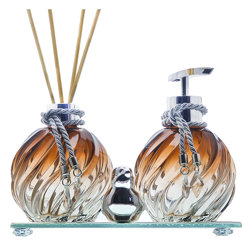 Banheiro Kit Bola Marrom Degradê Porta Sabonete Líquido e Difusor 250ml Com Bandeja e Passarinho em Oferta na Shopee