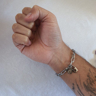 Cadeia de Consagração a Nossa Senhora com medalha de Nossa Senhora das Graças e pingente de cadeado - Aço Inox - Masculino