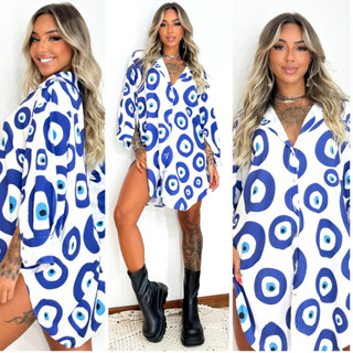 camisa longa feminina chemise estampada exclusiva OLHO GREGO AZUL