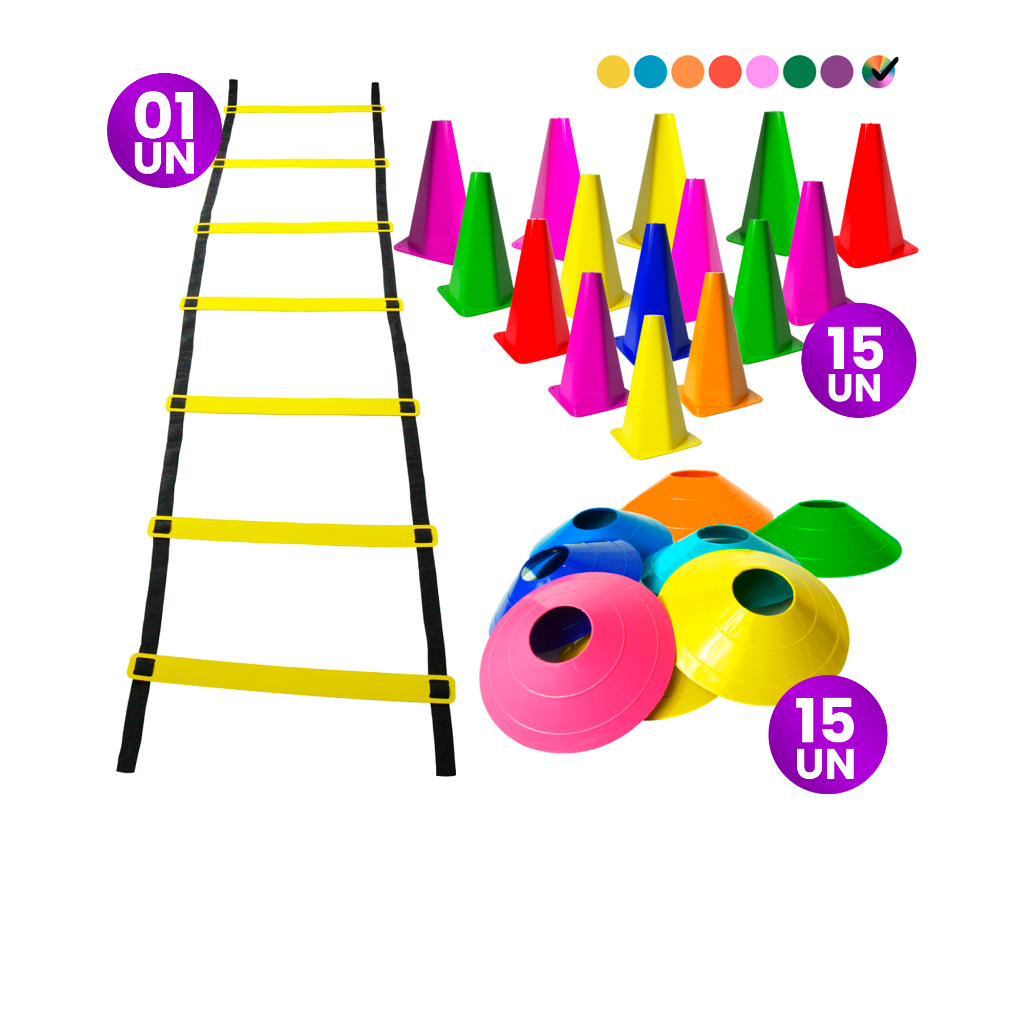 Kit 31 Itens Funcionais Agilidade Com 01 Escadas de Agilidade + 15 Chapéus Chinês e 15 Cones