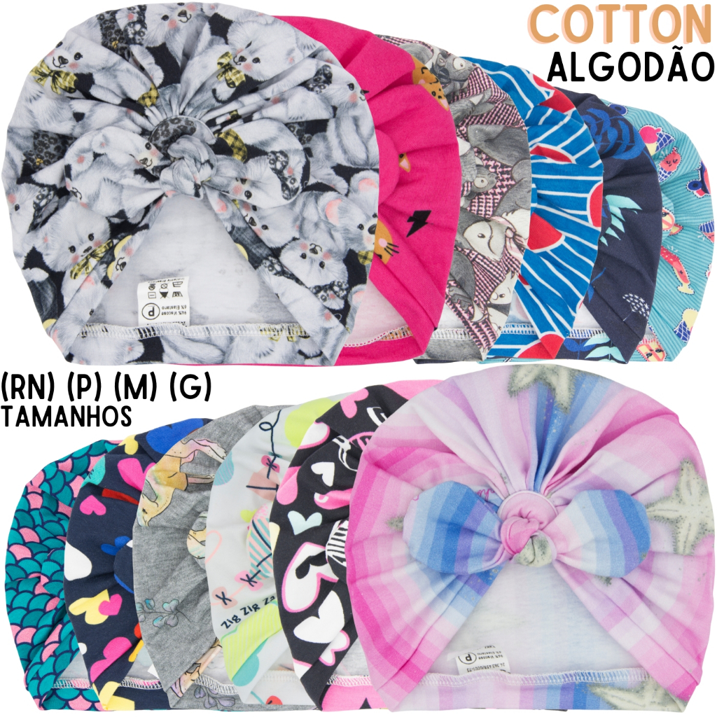 Touca Infantil Menina, Bebe, Turbante Infantil Cotton (Algodão com Elastano) Com Lacinho Removível