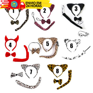 Kit 3 peças - Tiara + Orelha + Rabinho + Gravata Diabinho Gatinha Onça Para Fantasia