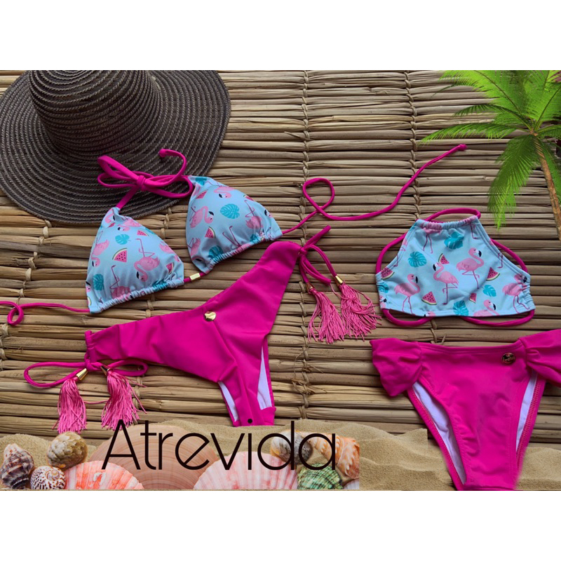 biquínis tal mãe tal filha flamingo azul e rosa (cortininha,fio duplo) 2023/2024