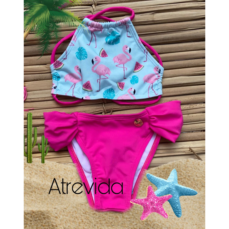 biquíni infantil e juvenil cropped flamingo(calcinha  drapeada rosa(2024) proteção UV