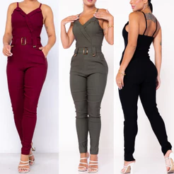 Macacão Feminino Social com Cinto e Bolsos Slim Alcinha possui Bojo Ziper Jardineira