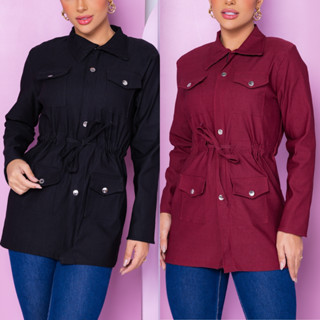 Jaqueta Parka Casaco Feminino Sobretudo em bengaline com Ziper Botoes Outono Inverno