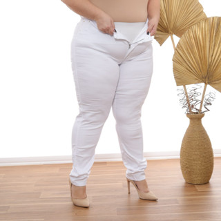 Calça Sarja Com Cinta Lipo Plus Size Premium Branca Lisa Casual Cintura Alta Modela Corpo Tendência Moda Fashion