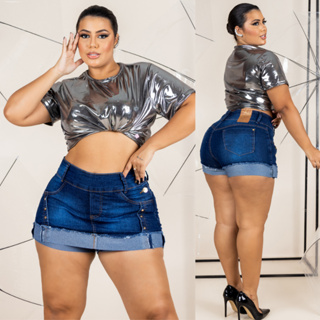 Short Saia Jeans Plus Size Feminino Cintura Alta Com Lycra 44 Ao 54 em Oferta na Shopee