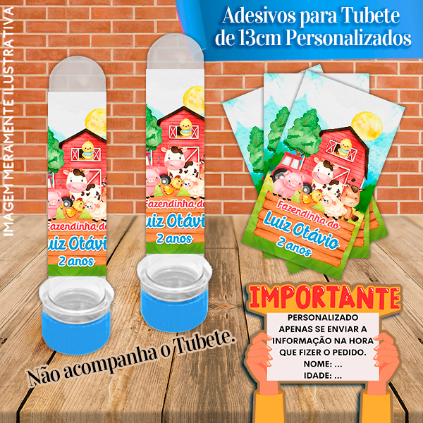 Rótulos adesivos para tubetes de 13 cm Personalizados Fazendinha Aquarelado Menino