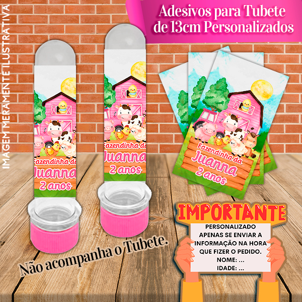 Rótulos adesivos para tubetes de 13 cm Personalizados Fazendinha Aquarelado Menina