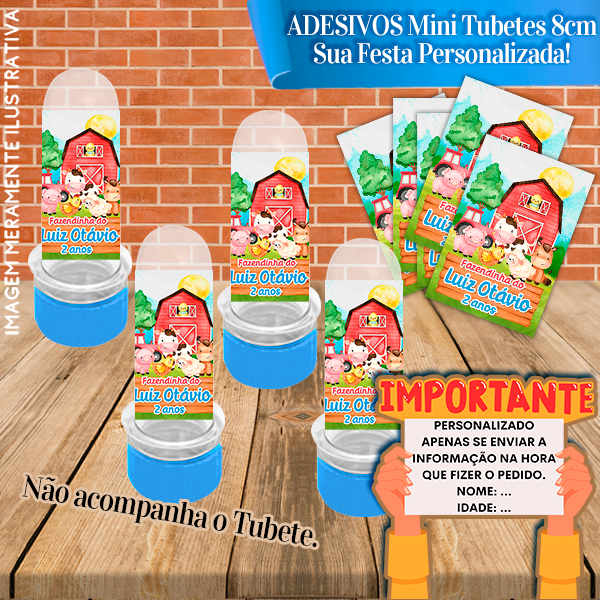 30 Adesivos de Mini Tubete 8cm Personalizado Fazendinha Aquarelado Menino