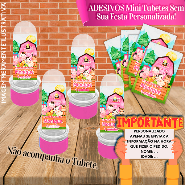 30 Adesivos de Mini Tubete 8cm Personalizado Fazendinha Aquarelado Menina