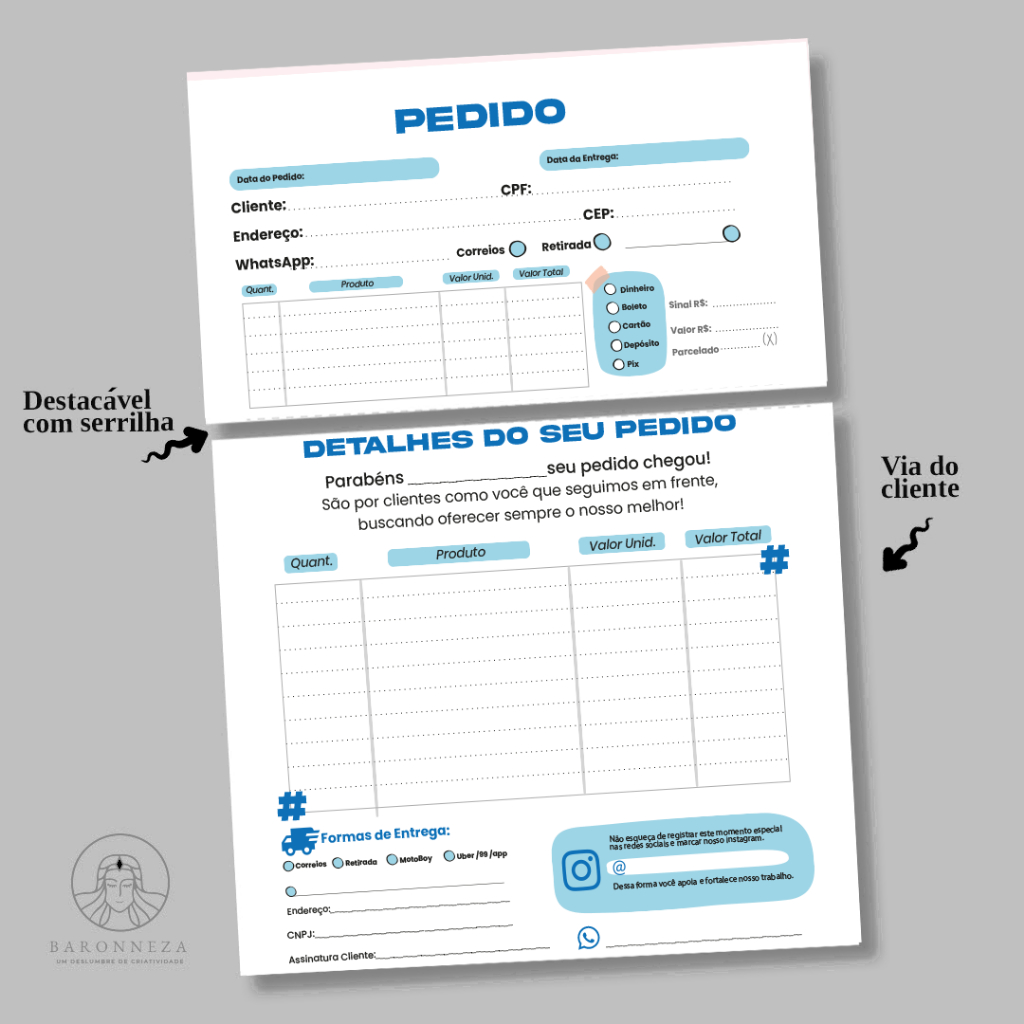 Talão de pedido  50 folhas destacáveis 2 vias - Versão Azul ( pedidos, nota fiscal)