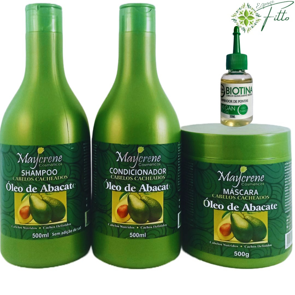 Kit Óleo de Abacate para Cabelos Cacheados e Ressecados Shampoo + Condicionador + Máscara + oleo reparador de pontas biotina maycrene