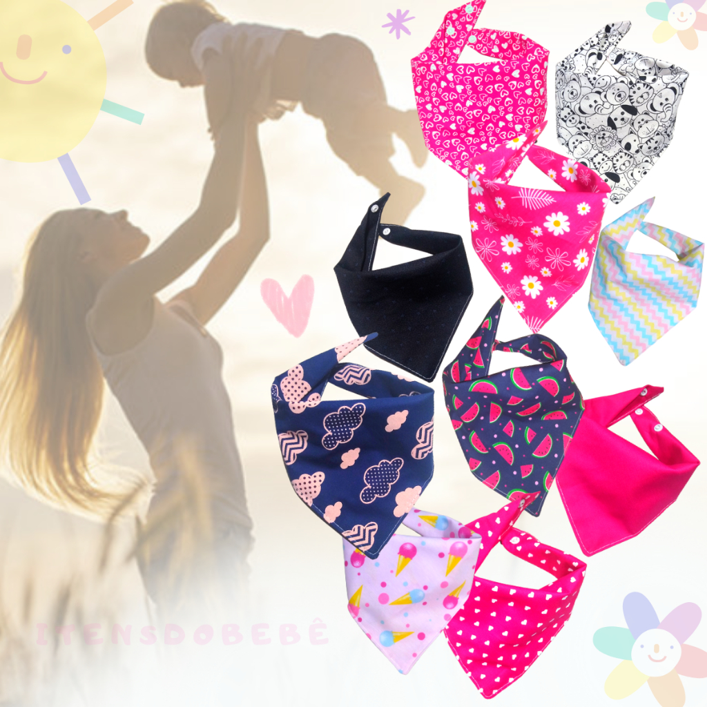 kit 10 babador bandana babeiro dupla camada tecido para menina com regulagem/ 3 meses a 6 meses