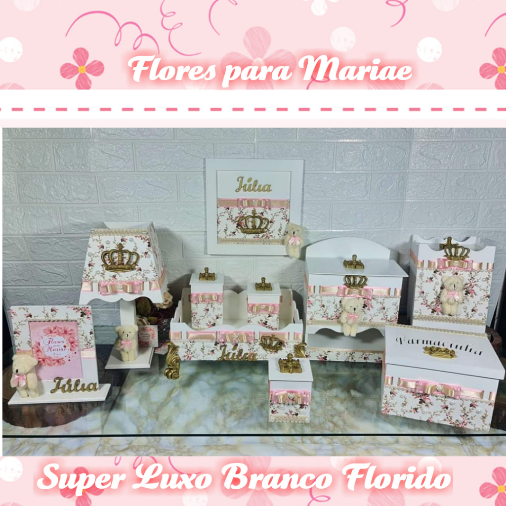 Kit Higiene bebê Mdf 10 peças Luxo Passa fita - HIPER LUXO BRANCO FLORIDO
