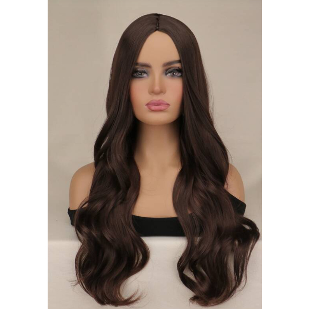 Peruca Premium Ondulada Castanho Escuro Longa Sem Franja Idêntica ao Cabelo Humano - Fibra Luxo em Oferta na Shopee