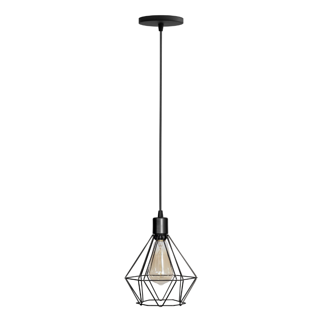 Lustre Pendente Aramado Diamante Preto Canopla Plastico