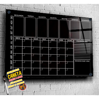 Lousa de Parede PLanner Mensal Semanal Lousa Quadro Negro Preto Fosco com caneta escreve e apaga em Oferta na Shopee