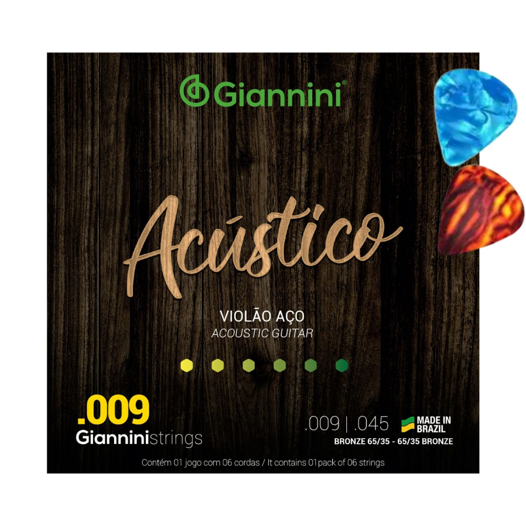 Encordoamento Corda Violão Aço Giannini .009 Acústico GESWAL  2 Palhetas