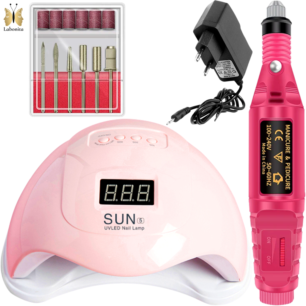 Kit Manicure Cabine Sun 5 LED UV 48w Motor Lixadeira Elétrica Caneta Unhas Gel Acrigel Acrygel Porcelana Unha Pedicure