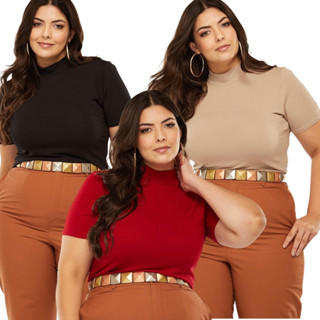 Blusa Lisa Gola Alta Plus Size Estilosa Malha Elegante