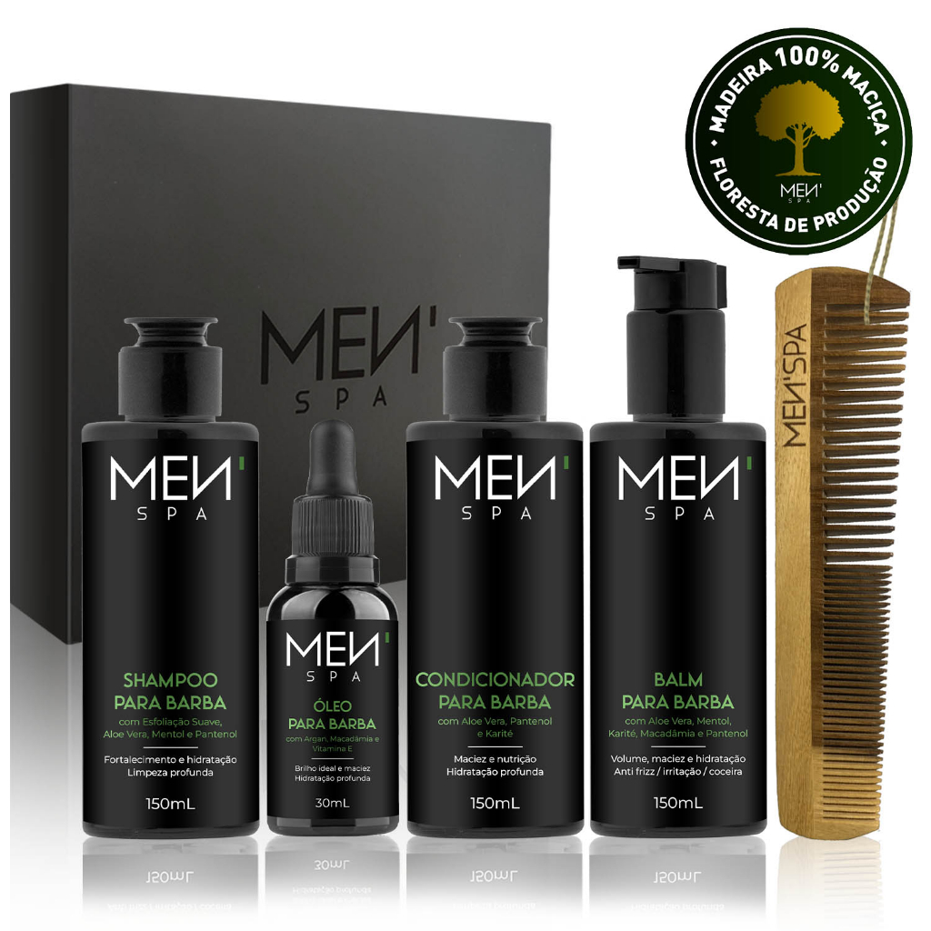 Kit Barba Completo: Shampoo Esfoliante + Balm + Condicionador + Óleo + Pente de Madeira Maciça Menspa em Oferta na Shopee
