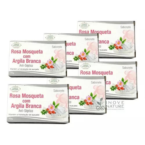 Kit com 06 sabonetes Rosa Mosqueta com Argila Branca Lianda Natural 90g