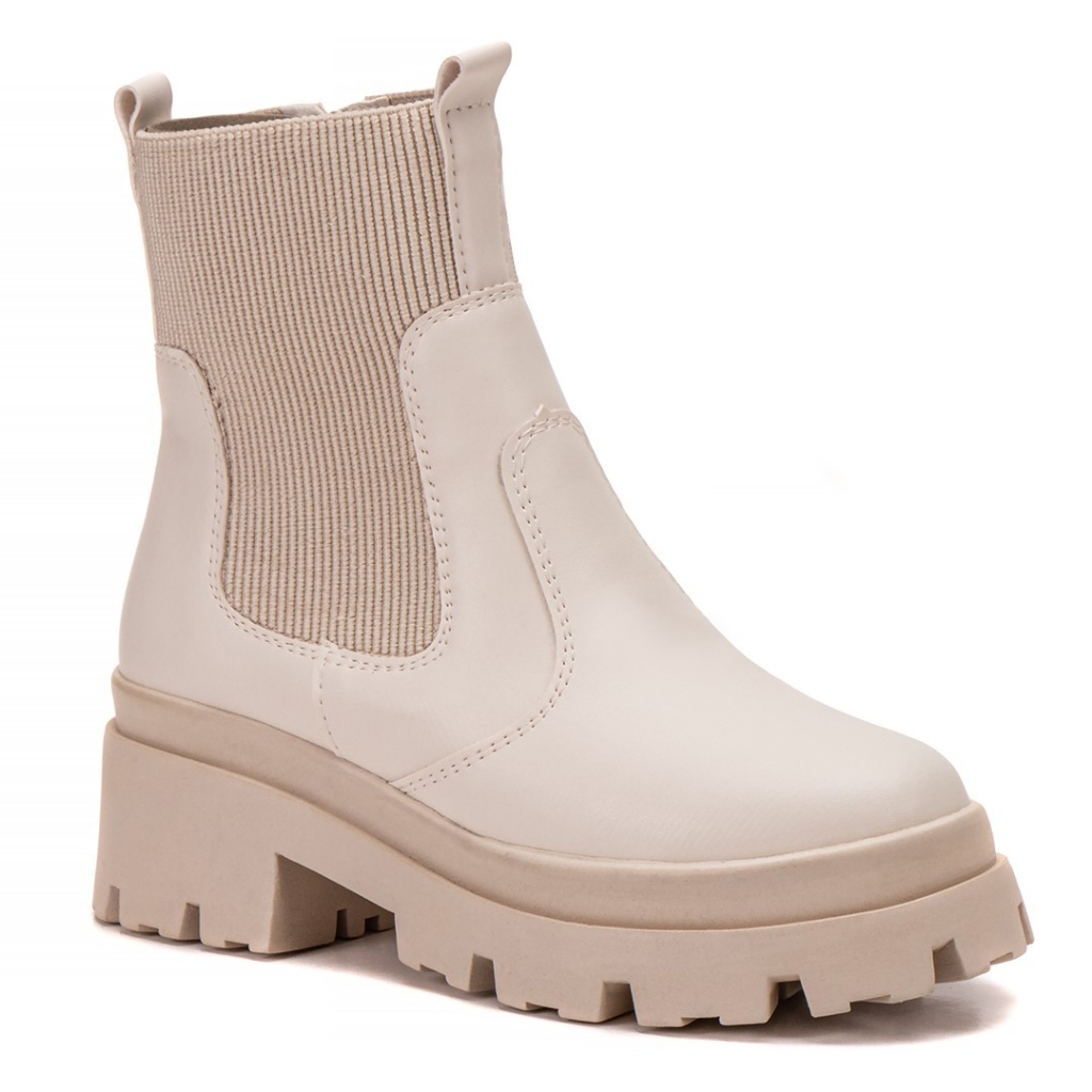 Bota Feminina Coturno Sola Tratorada Botinha Chelsea Macia Off White