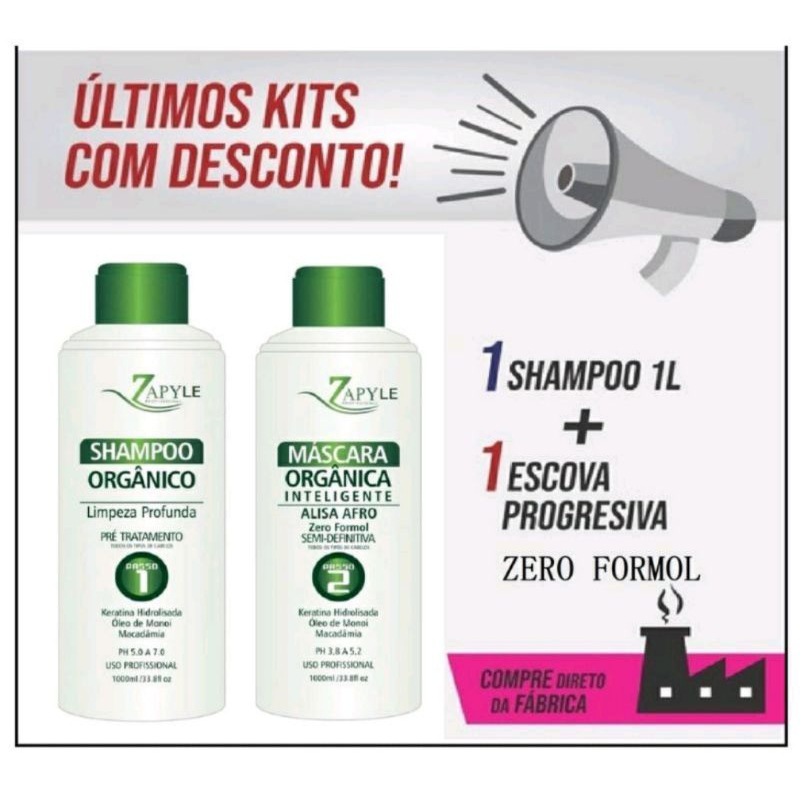 Kit Escova orgânica sem formol alisa afro Zapyle Zero formol