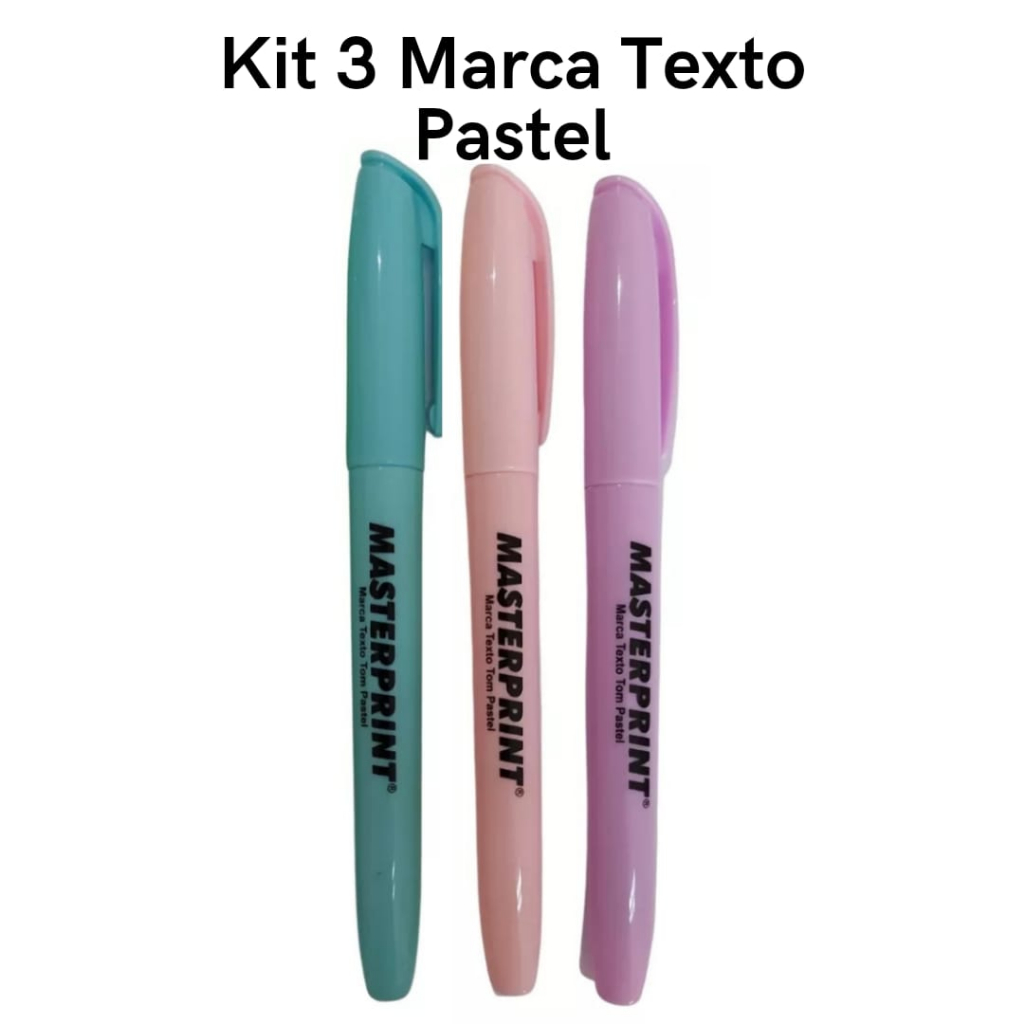 Kit 3 Canetas Marca Texto Tom Pastel Rosa Azul Lilas Grifa Texto Masterprint