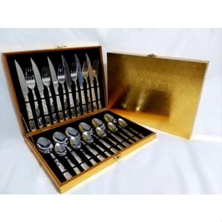 Jogo Faqueiro Inox 24 Peças C/ Detalhes Dourado + Maleta em Oferta na Shopee