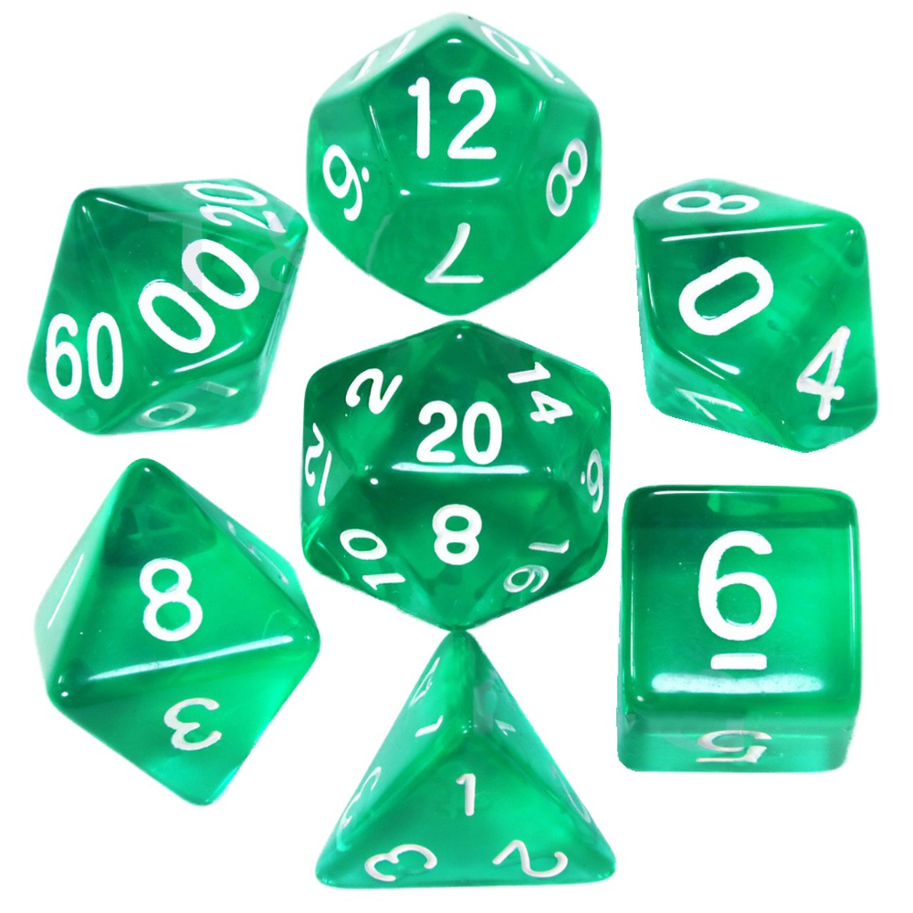 Kit 7 Dados RPG Turquesa Translúcido Poliedricos D&D Tormenta Pathfinder D20 D12 D% D10 D8 D6 D4