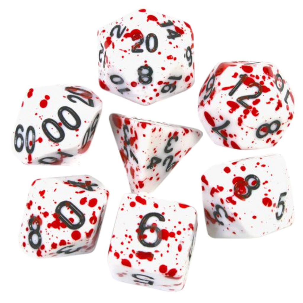 Kit 7 Dados RPG Respingos Vermelhos Sangue Poliedricos D&D Tormenta Pathfinder D20 D12 D% D10 D8 D6 D4