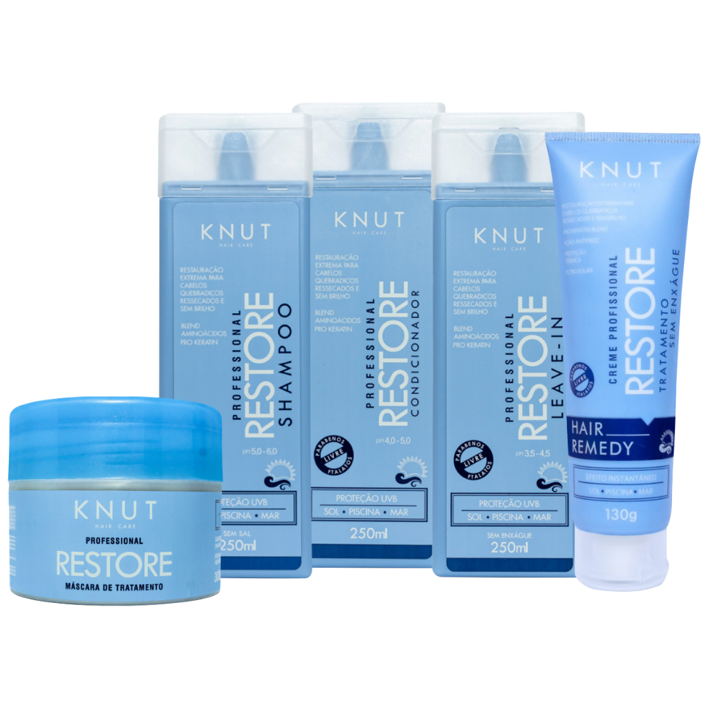 Kit Knut Restore Tratamento Completo p/ Cabelos Ressecados – Proteção Solar UV -  Shampoo+Condic+Máscara+Leave in+Hair Remedy