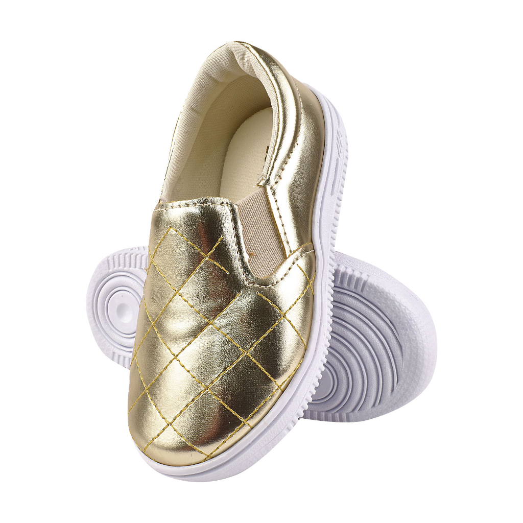 Tênis Calce-fácil Elástico Slip On Menina Feminino Infantil Dourado Bordado Matelassê Lulopé