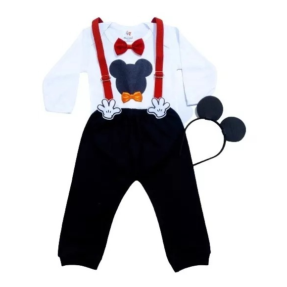Conjunto Temático Infantil Fantasia Mickey Menino Aniversário Body Manga Longa, Calça, Suspensório E Tiara