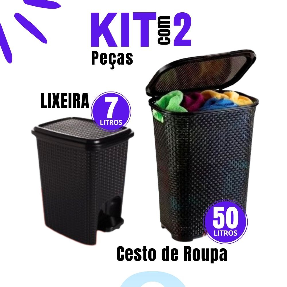Kit Cesto de Roupa Rattan c/ Tampa e Alça Basculada 50LTS+ Lixeira 7 lts Rattan Preta ARQPLAST
