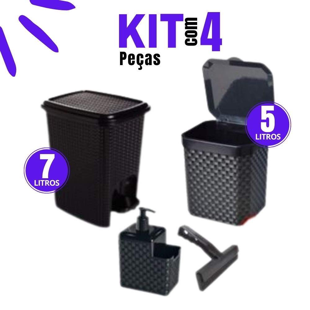Kit Lixeira Pia 5 Litros + Lixeira 7 Litros c/ Pedal + Porta Detergente Sabão + Rodinho de Pia Kit C