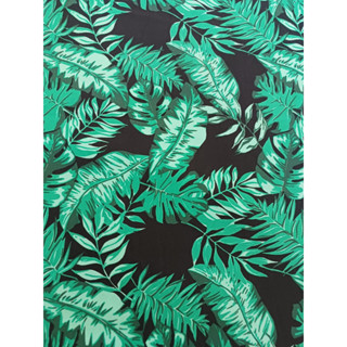 Tecido Lycra Praia, Preto com Folhagen Verde Folha - 1 Metro