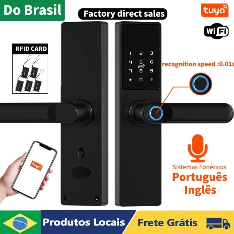 Fechadura Digital Tuya Wifi Biométrica Fechadura de Sobrepor Digital Universal Inteligente Biometria Senha Português Disponível Wifi Fechadura Smart Pilhas AA Airbnb Hotel Escritório Apartamento