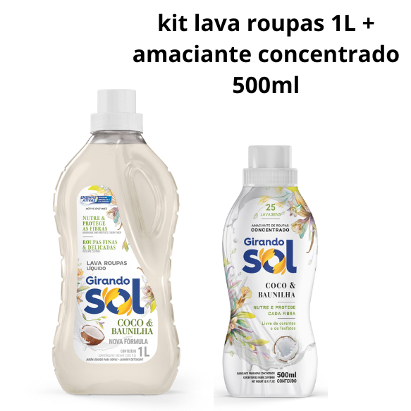 Kit Lava roupas 1L + amaciante concentrado 500ml Coco com baunilha Girando Sol em Oferta na Shopee
