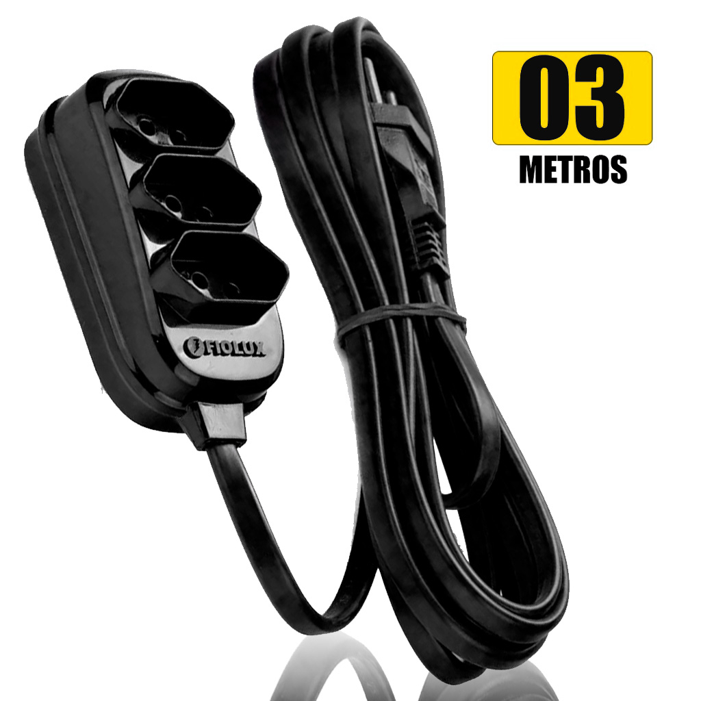 Extensão 3 Metros Tripolar Preta Com 3 Tomadas 2P+T Profissional 20A Cabo Multiplicador Saídas