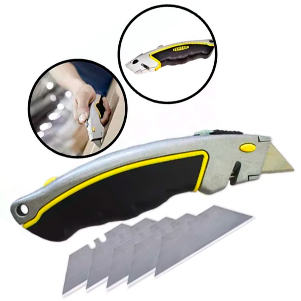 Estilete Em Metal Emborrachado Trapezoidal 18mm + Com Kit 5 Laminas Profissional Segurança Reforçado - Stationery